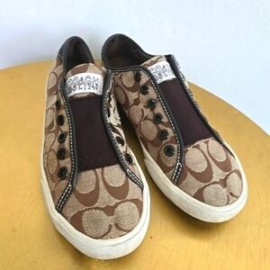 🌴COACH Shoes BEV Brown Monogram Logo Print Laceless Sneakers Sz 🛍